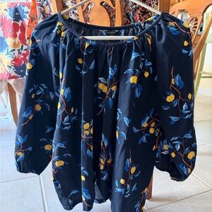Ann Taylor Navy Blouse with Blue and Yellow Floral Print